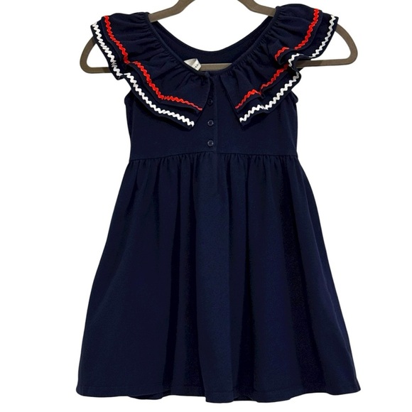Janie and Jack Girls Navy Blue Dress Sz 6 Flutter Sleeve Ric Rac Trim - Picture 2 of 5